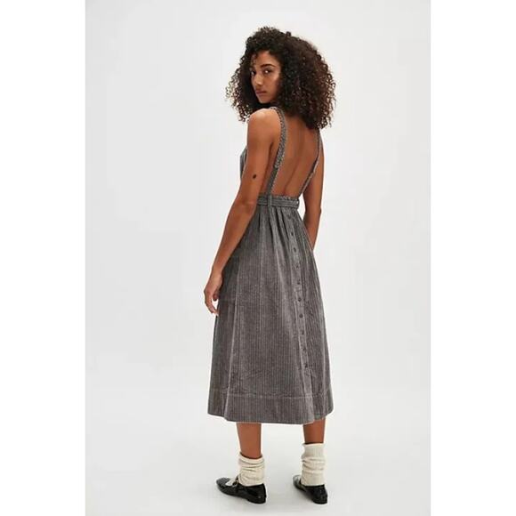 Sz 4 NWT Free People The Other Side Corduroy Midi Dress Gray Boho Cottage Belted - Picture 3 of 10